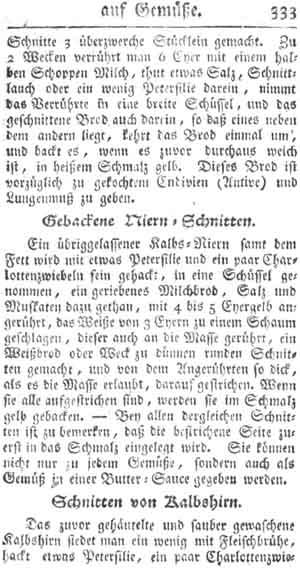 gebackene Nierenschnitten, Zulagen auf Gem&uuml;se