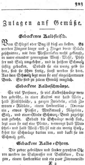 gebackenes Kalbsfleisch, Zulagen auf Gem&uuml;se