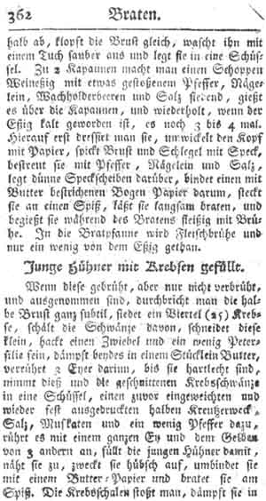 junge H&uuml;hner mit Krebsen, Braten