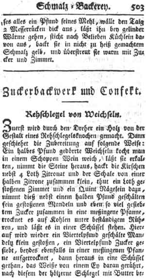 Rehschlegel von Weichseln, Zuckerbackwerk und Konfekt